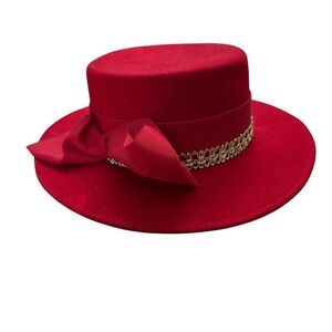 Ruth Shaw Red Wool Felt Hat Women's Round Ribbon Band Gold Trim VTG Size 7